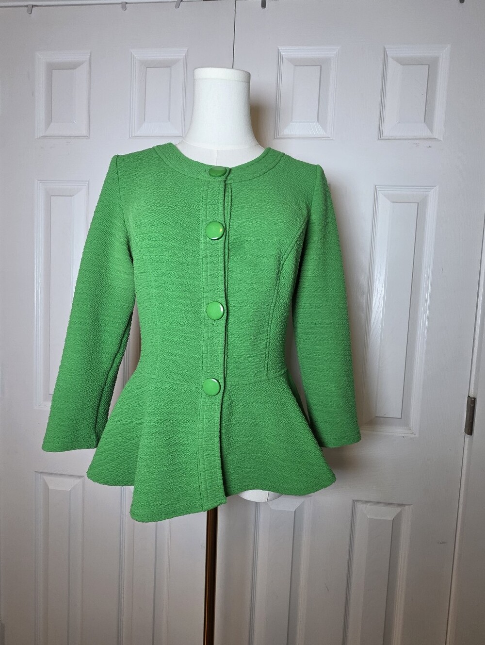Spense Womens Bright Green Textured Button Front Peplum Jacket
